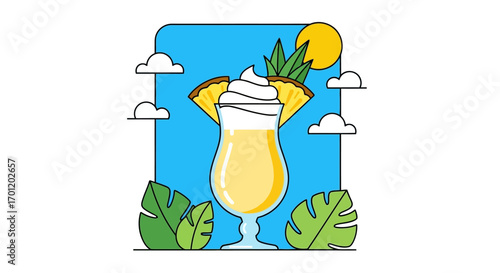 Pineapple Smoothie Drink in a Glass with Whipped Cream.