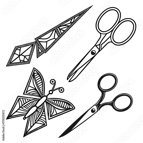 A stylized black and white illustration featuring a geometric butterfly two pairs of scissors and a decorative pointed object presented against a clean white background