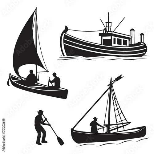 Collection of black and white silhouette illustrations depicting various boats and watercraft with people engaged in water activities