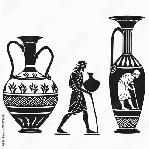 Ancient greek black figure pottery depicting men carrying and working with amphorae and vases showcasing decorative patterns and cultural scenes in a minimalist silhouette style