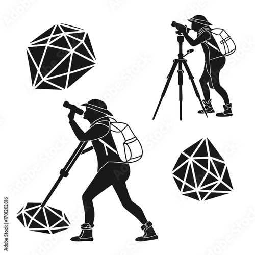 Silhouette of a hiker with a backpack and hat using a telescope and a metal detector to search for geometric crystal shapes in a minimalist design