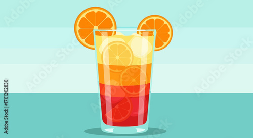 Refreshing layered cocktail with orange slices and ice.