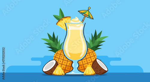 Refreshing tropical cocktail with pineapple and coconut garnish.