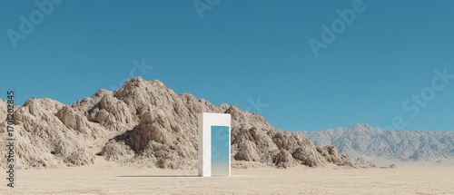 A modern white portal with a reflective interior is centered in a vast desert landscape under a bright blue and cloudless sky.