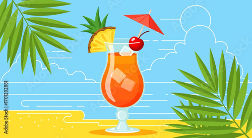 Refreshing tropical cocktail in hurricane glass.