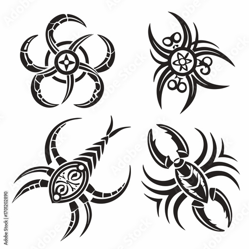 Collection of stylized tribal tattoo designs featuring scorpions and abstract floral or star shapes in black ink on a white background