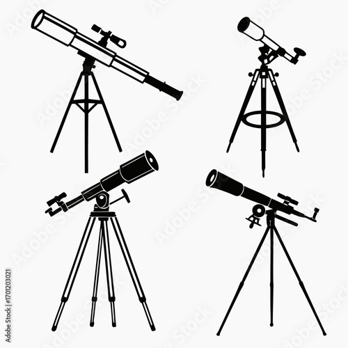 Collection of four black silhouette astronomical telescopes mounted on tripods showcasing different designs and orientations against a white background for science and exploration themes