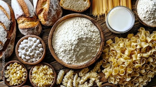 assortment of carbohydrate food staples on a wooden table, baking and cooking ingredients with flour pasta and bread, flat lay of gluten food products and allergens

