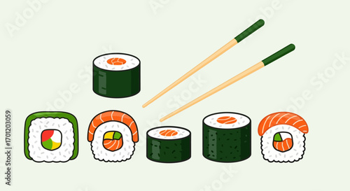 Set of colorful Japanese sushi and maki rolls with chopsticks.