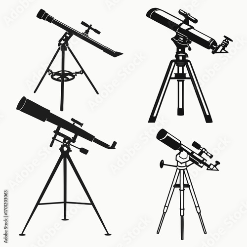 Collection of four silhouette illustrations of different astronomical telescopes mounted on tripods showcasing various designs and sizes for stargazing and celestial observation