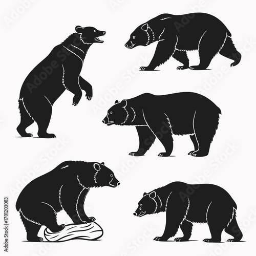 Collection of black bear silhouettes in various poses including standing on hind legs walking and sitting on a log ideal for wildlife and nature designs
