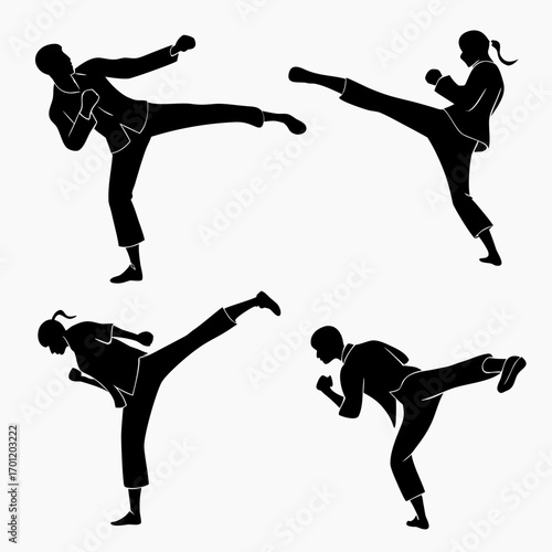 Dynamic silhouettes of martial artists performing powerful kicks and punches in a karate stance showcasing combat and discipline