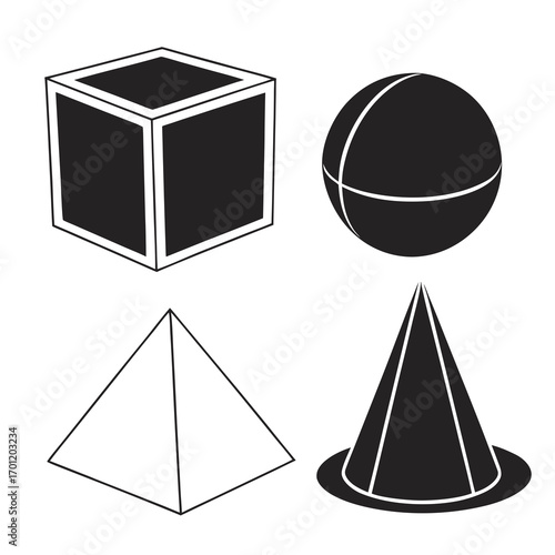 A collection of four basic geometric shapes including a cube sphere pyramid and cone rendered in a clean black and white vector illustration style on a white background