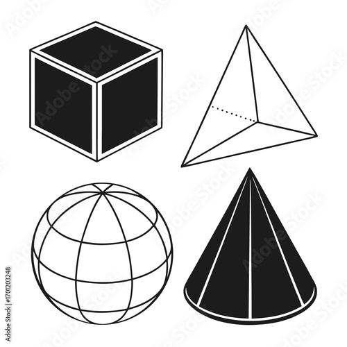 A collection of basic geometric shapes including a cube pyramid sphere and cone presented in a clean graphic black and white illustration style