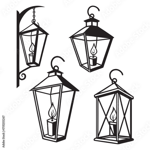 A collection of four vintage style black and white silhouette lanterns each with a lit candle inside on a white background