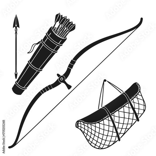 Black silhouette graphic of a bow and arrow set including a quiver of arrows a spear and a netted quiver for arrows on a white background