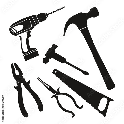 A collection of black silhouette icons representing essential hand tools including a drill hammer pliers saw and specialized cutters against a clean white background