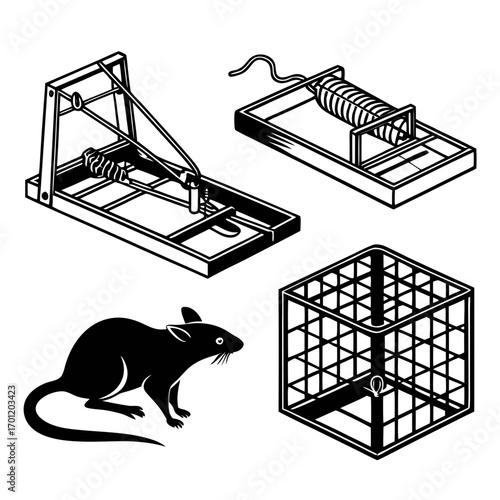 Collection of rodent control devices including a silhouette of a rat a classic snap trap a spring loaded trap and a humane cage trap isolated on white background