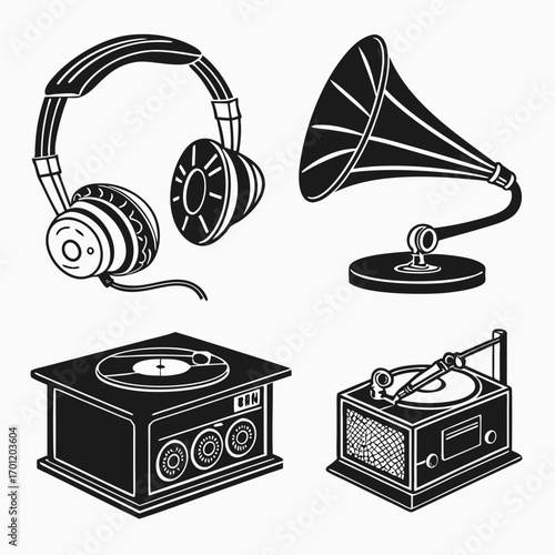 A collection of vintage audio equipment including headphones a gramophone and two different styles of record players presented as black and white illustrations