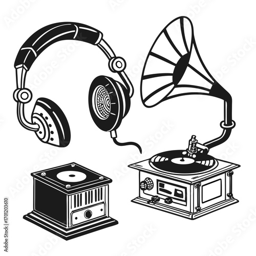 A collection of vintage audio equipment including headphones a gramophone and a music box presented in a stylized black and white illustration perfect for retro music themes