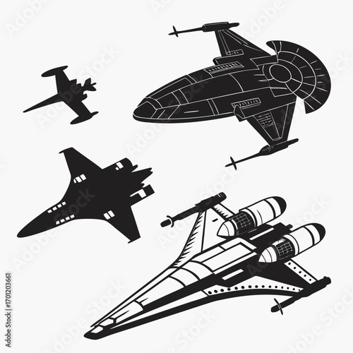 A collection of black silhouette illustrations of futuristic spacecraft and fighter jets in various designs and sizes against a white background