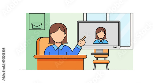 Woman conducting online meeting or virtual class from home office.