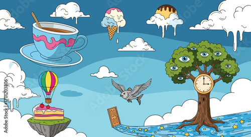 Whimsical surreal illustration of floating objects.