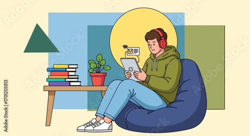 Young man wearing headphones using a tablet on a beanbag chair.