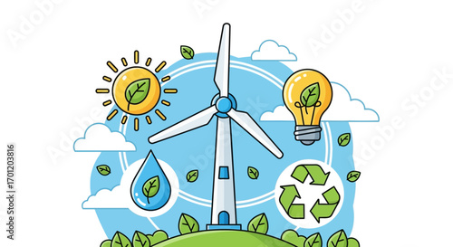 Wind turbine with renewable energy icons illustration.