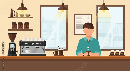 Young man in a green shirt using his smartphone at a cafe counter.