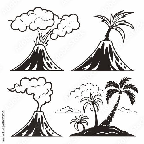 Collection of stylized black and white illustrations featuring erupting volcanoes palm trees on volcanic islands and clouds representing natural phenomena and tropical landscapes