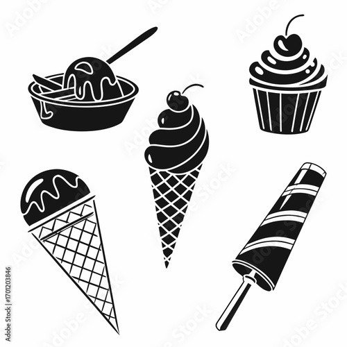 Collection of stylized black and white illustrations of various frozen desserts including ice cream cones a bowl of ice cream a cupcake and a popsicle perfect for summer themes and food graphics