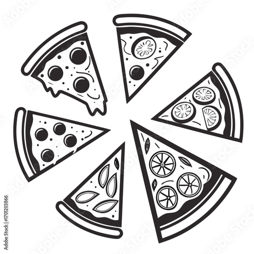 A circular arrangement of six black and white cartoon slices of pizza each with different toppings like pepperoni tomatoes and basil on a white background