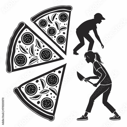 Silhouettes of people interacting with a large pizza one person holding a knife and another reaching towards the slices representing sharing or conflict over food