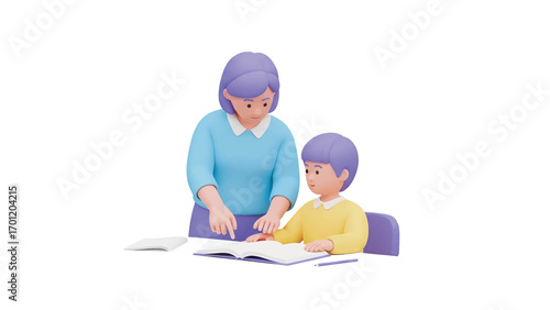Loving mother helping her son with homework at the table, fostering a supportive learning environment with tender care and encouragement.