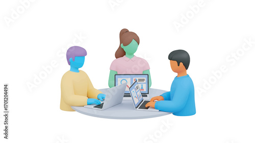 Team collaborates on project around table using laptops in modern office, showcasing teamwork and productivity in a professional setting.