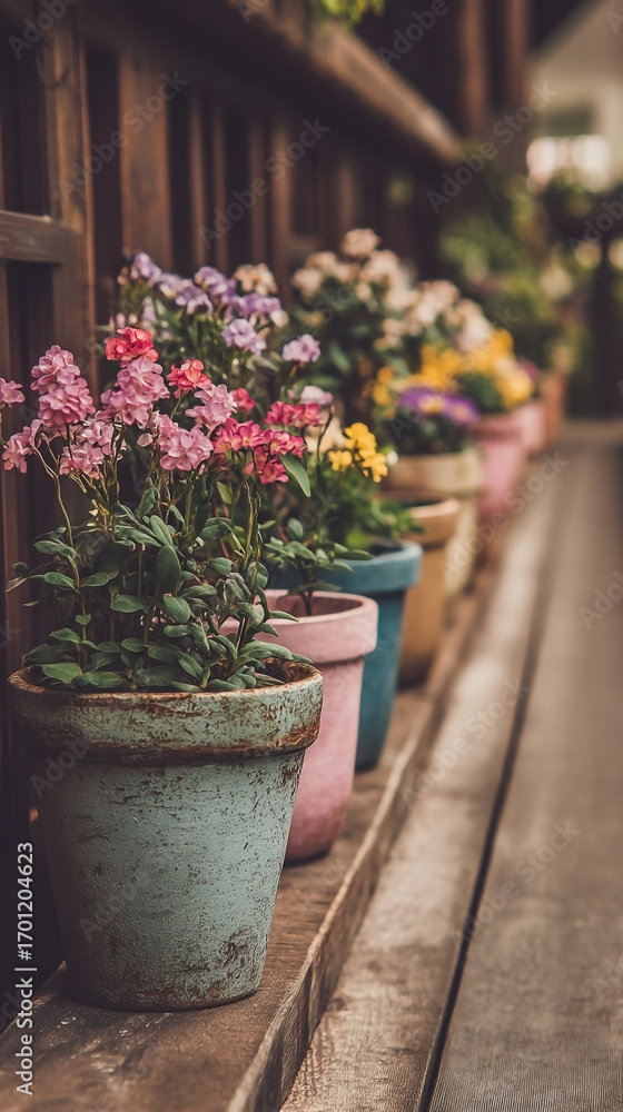 Obraz premium Vibrant flowering plants adorning a rustic wooden ledge adding character and charm