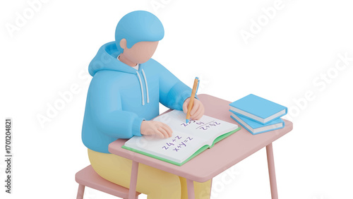 Student diligently solves math problems in notebook at school desk, concentrating on calculations with focused expression, showcasing academic effort.