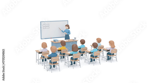 Teacher instructing students in classroom with whiteboard, creating an educational atmosphere for learning and growth in a bright and modern setting.