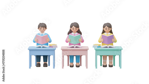 Students reading books at their desks in a classroom, focusing on their studies with determination and a sense of academic pursuit.