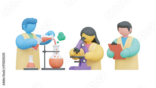 Scientists conducting experiments in laboratory with beakers and microscope, showcasing scientific research and innovation in a clean environment.