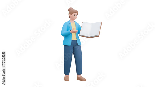 Woman reads an open book while standing in a brightly lit studio, showcasing a moment of quiet contemplation and learning.