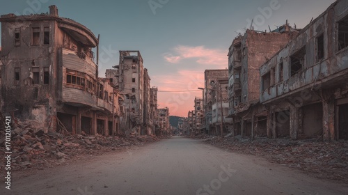 A desolate street shows the catastrophic devastation of war torn buildings under a fading sky, depicting the ruins left after conflict.