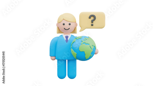 Businesswoman holding globe and thinking about global strategy with question mark speech bubble on white, representing international business and uncertainty.