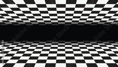 Checkered Floor Perspective black and white, Ideal for retro, racing or digital themes. 