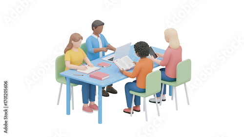 Diverse group of students studying together at a blue table in a brightly lit room, collaborating on a project with books and papers, creating a focused and collaborative atmosphere.