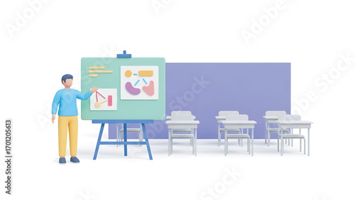 Teacher explaining a lesson using a presentation board in a classroom with desks and chairs, creating an educational and informative learning environment.
