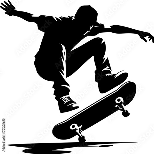 Silhouette of a Skateboarder: A dynamic silhouette of a skateboarder executing a graceful aerial maneuver against the backdrop, capturing the essence of action, athleticism.