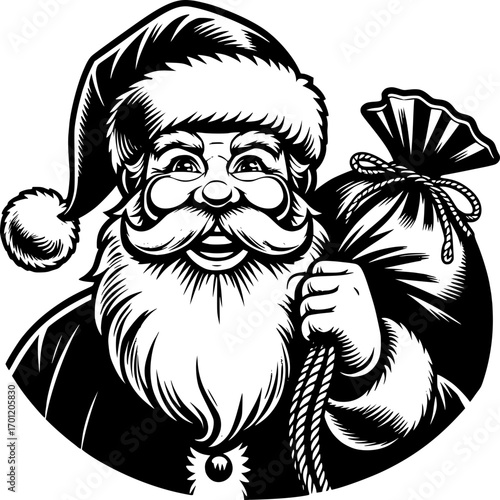 Heartwarming Santa: A jolly depiction of a festive figure, Santa, with a generous smile and a bag of gifts, ready to spread Christmas cheer.