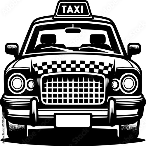 Taxi Illustration: A detailed monochrome illustration of a classic taxi cab, showcasing its iconic design and features. 